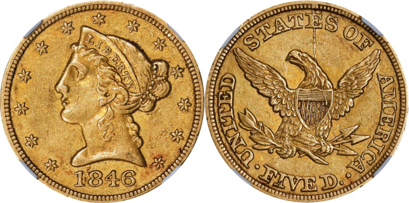 1846 Liberty Head Half Eagle. Small Date. AU-55 (NGC).

This is the scarcer da...