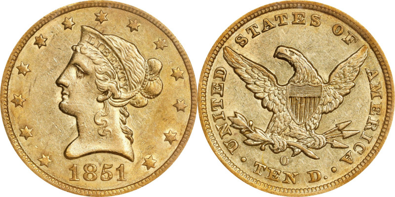 1851-O Liberty Head Eagle. Winter-2. AU-58 (NGC).

With a large mintage of 263...