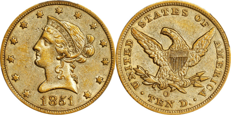 1851-O Liberty Head Eagle. Winter-2. AU-55 (PCGS).

Bright yellow gold with ac...