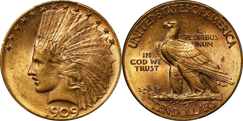 1909-D Indian Eagle. MS-62 (PCGS).

A boldly lustrous example. Glowing golden ...