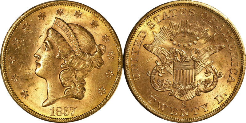 1857-S Liberty Head Double Eagle. MS-63+ (PCGS). CAC. CMQ.

This delightful ex...