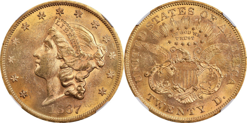 1867 Liberty Head Double Eagle. MS-61 (NGC).

Handsome rose-gold color graces ...