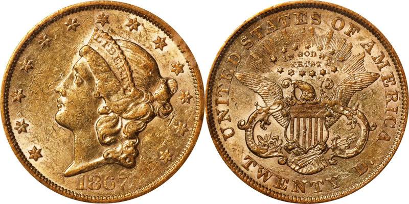 1867-S Liberty Head Double Eagle. AU-58 (NGC).

A lustrous, nearly Mint State ...