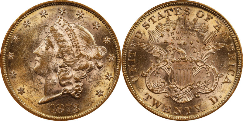 1873 Liberty Head Double Eagle. Close 3. MS-60 (NGC). CAC. OH.

Scarcer than t...