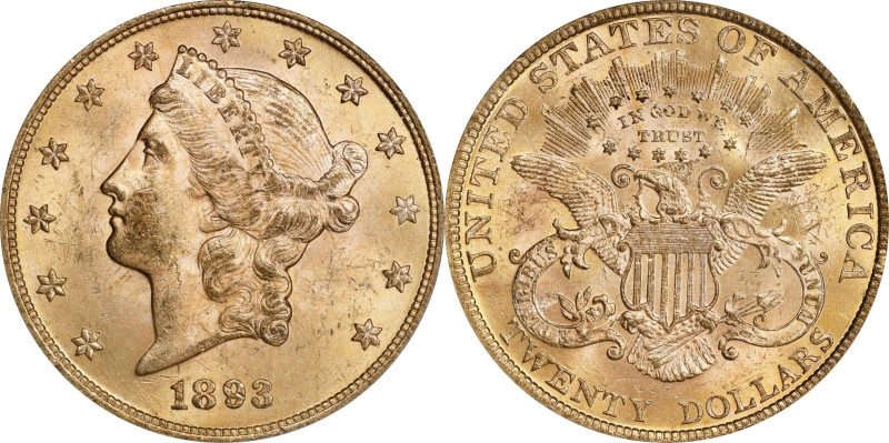 1893 Liberty Head Double Eagle. MS-62 (PCGS).

Rich yellow gold and highly lus...