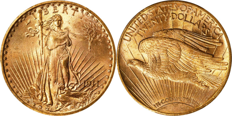 1911-S Saint-Gaudens Double Eagle. MS-64+ (PCGS). CAC.

Satiny rose-gold surfa...