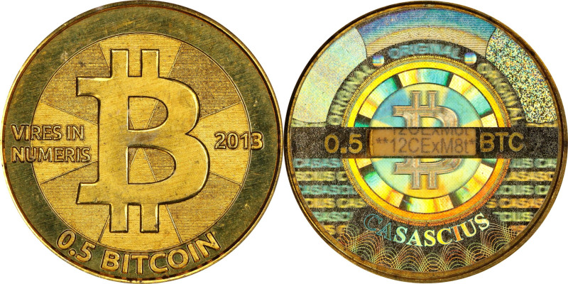 2013 Casascius 0.5 Bitcoin. Loaded. Firstbits 12CExM8t. Series 2. Brass. MS-67 P...