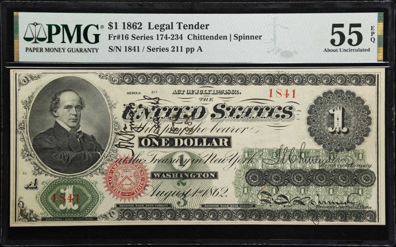 Fr. 16. 1862 $1 Legal Tender Note. PMG About Uncirculated 55 EPQ. Courtesy Autog...