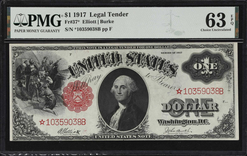 Fr. 37*. 1917 $1 Legal Tender Star Note. PMG Choice Uncirculated 63 EPQ.

Repr...