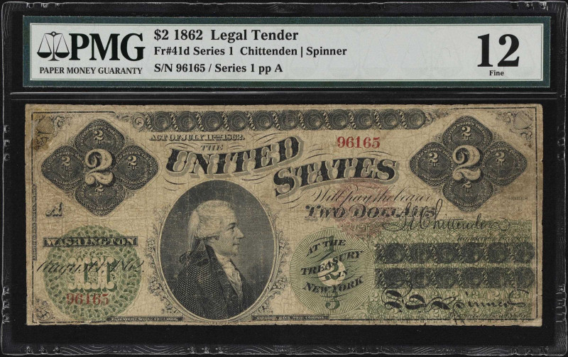 Fr. 41d. 1862 $2 Legal Tender Note. PMG Fine 12.

A rare Friedberg with only 4...