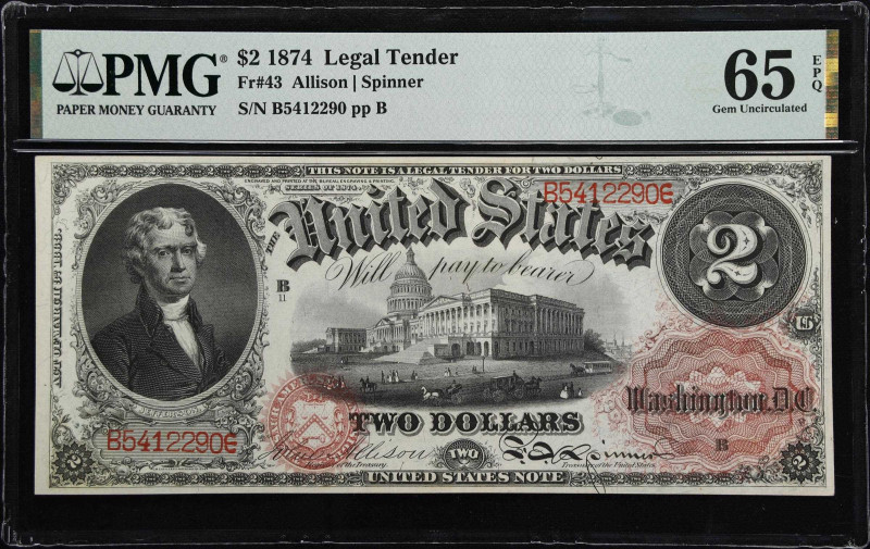 Fr. 43. 1874 $2 Legal Tender Note. PMG Gem Uncirculated 65 EPQ.

A scarce Frie...