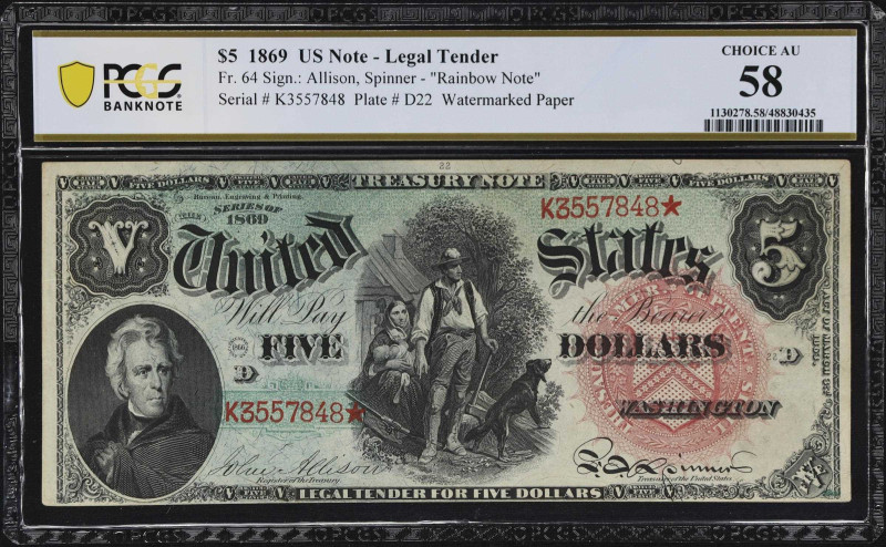 Fr. 64. 1869 $5 Legal Tender Note. PCGS Banknote Choice About Uncirculated 58.
...