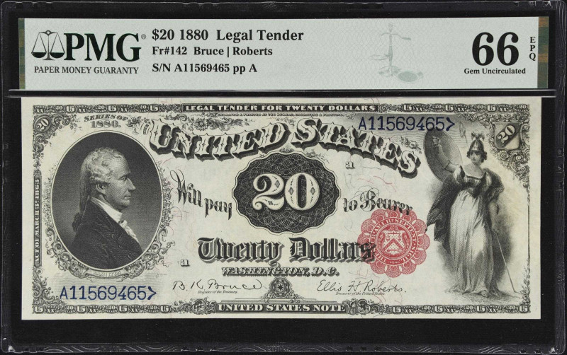 Fr. 142. 1880 $20 Legal Tender Note. PMG Gem Uncirculated 66 EPQ.

A note of u...