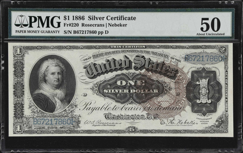 Fr. 220. 1886 $1 Silver Certificate. PMG About Uncirculated 50.

A lightly cir...