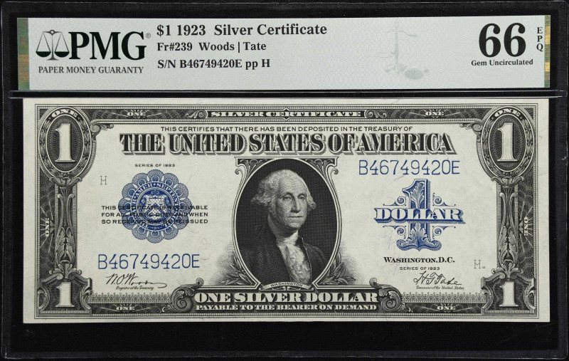 Fr. 239. 1923 $1 Silver Certificate. PMG Gem Uncirculated 66 EPQ.

A scarce Fr...