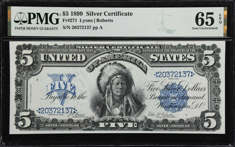 Fr. 271. 1899 $5 Silver Certificate. PMG Gem Uncirculated 65 EPQ.

A radiant e...