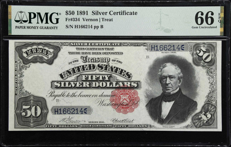 Fr. 334. 1891 $50 Silver Certificate. PMG Gem Uncirculated 66 EPQ.

A denomina...