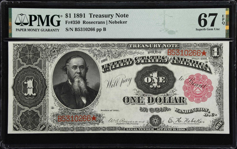 Fr. 350. 1891 $1 Treasury Note. PMG Superb Gem Uncirculated 67 EPQ.

A remarka...