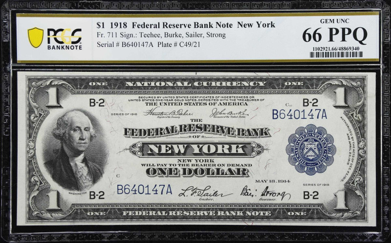 Fr. 711. 1918 $1 Federal Reserve Bank Note. New York. PCGS Banknote Gem Uncircul...