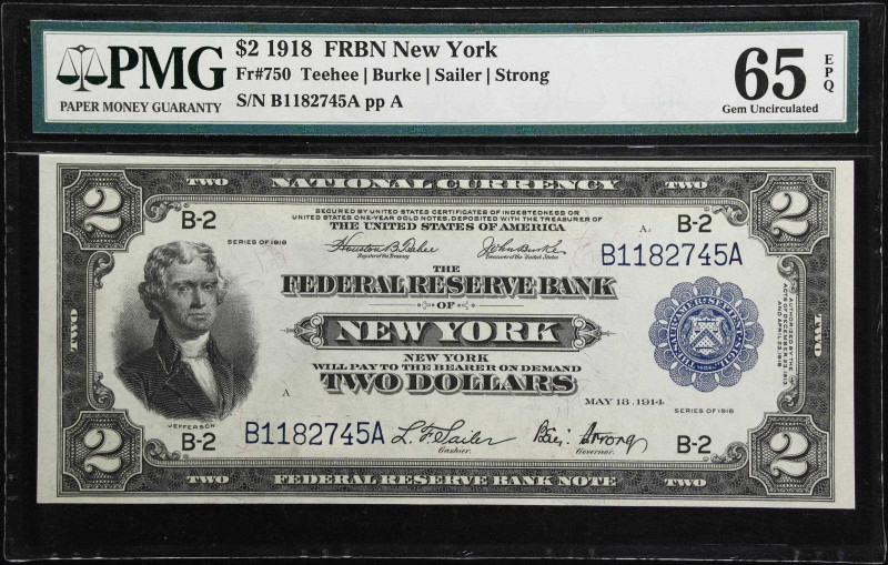 Fr. 750. 1918 $2 Federal Reserve Bank Note. New York. PMG Gem Uncirculated 65 EP...