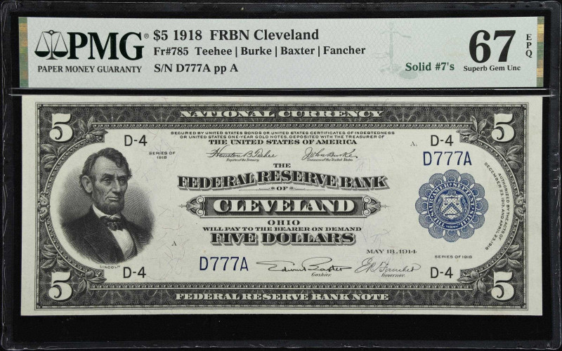 Fr. 785. 1918 $5 Federal Reserve Bank Note. Cleveland. PMG Superb Gem Uncirculat...