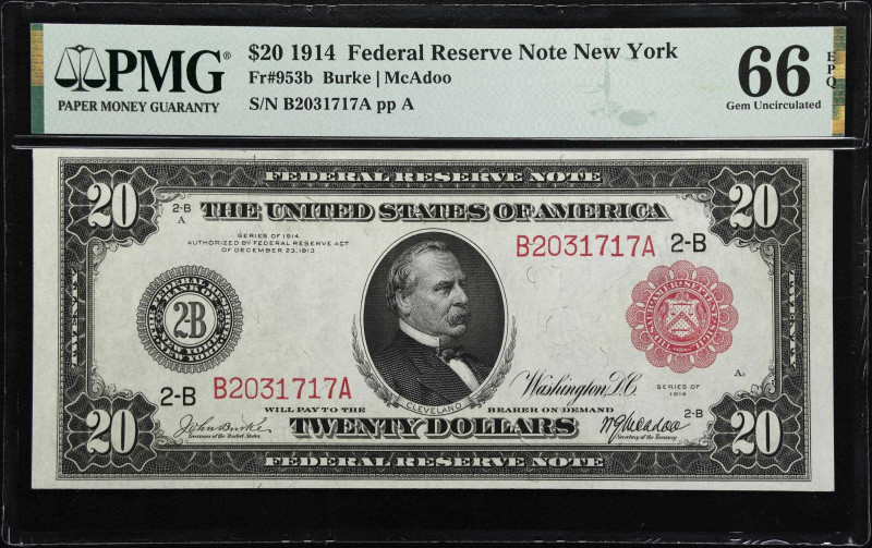 Fr. 953b. 1914 Red Seal $20 Federal Reserve Note. New York. PMG Gem Uncirculated...