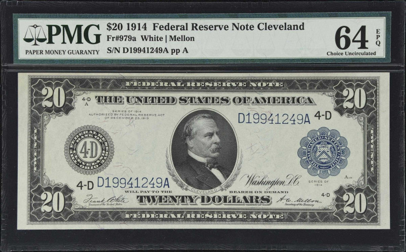 Fr. 979a. 1914 $20 Federal Reserve Note. Cleveland. PMG Choice Uncirculated 64 E...