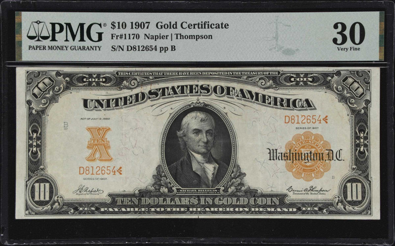 Fr. 1170. 1907 $10 Gold Certificate. PMG Very Fine 30.

This Napier-Thompson s...