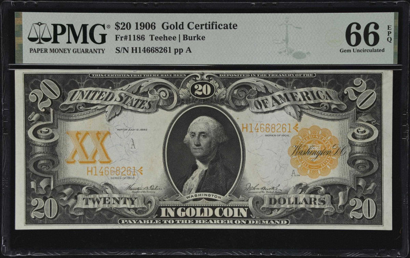 Fr. 1186. 1906 $20 Gold Certificate. PMG Gem Uncirculated 66 EPQ.

A note with...