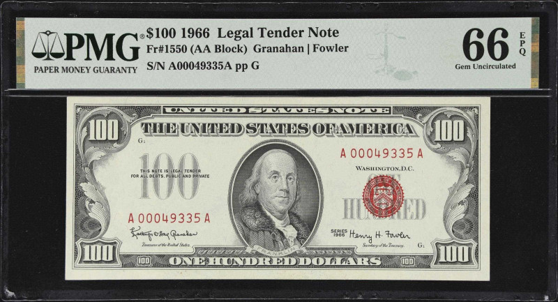 Fr. 1550. 1966 $100 Legal Tender Note. PMG Gem Uncirculated 66 EPQ.

A premium...