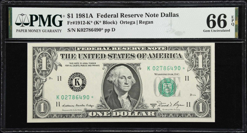 Fr. 1912-K*. 1981-A $1 Federal Reserve Star Note. Dallas. PMG Gem Uncirculated 6...