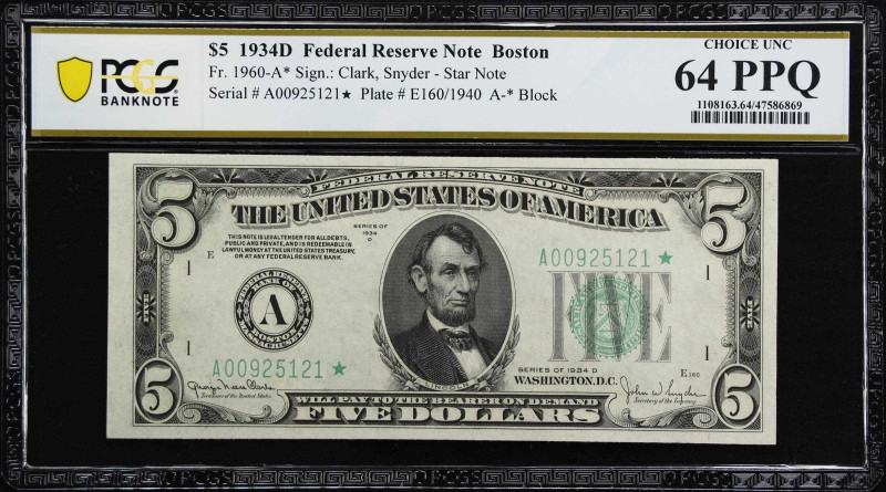 Lot of (2) Fr. 1960-A*. 1934-D $5 Federal Reserve Star Notes. Boston. PCGS Bankn...