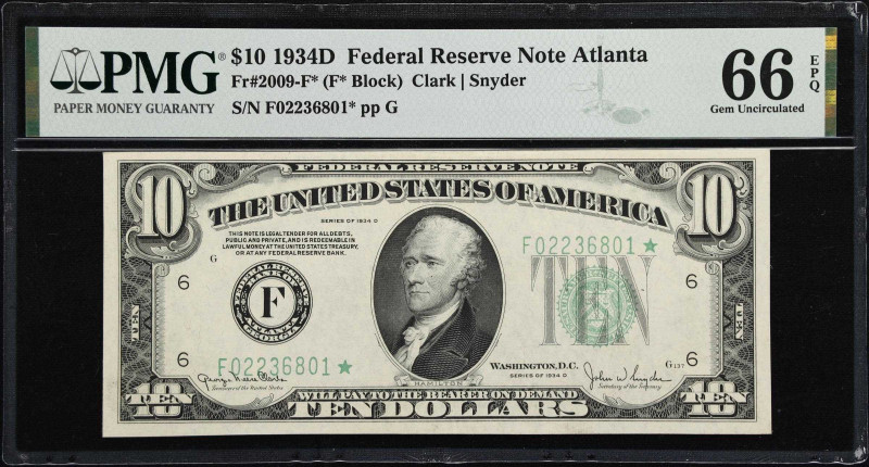 Fr. 2009-F*. 1934-D $10 Federal Reserve Note. Atlanta. PMG Gem Uncirculated 66 E...