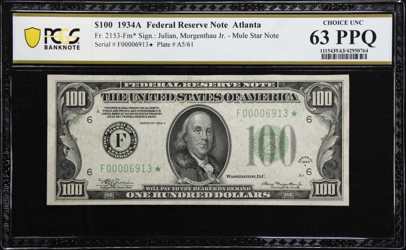 Fr. 2153-Fm*. 1934-A $100 Federal Reserve Mule Star Note. Atlanta. PCGS Banknote...