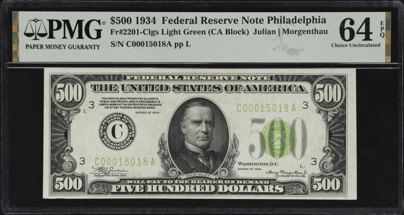 Fr. 2201-Clgs. 1934 $500 Federal Reserve Note. Light Green Seal. Philadelphia. P...