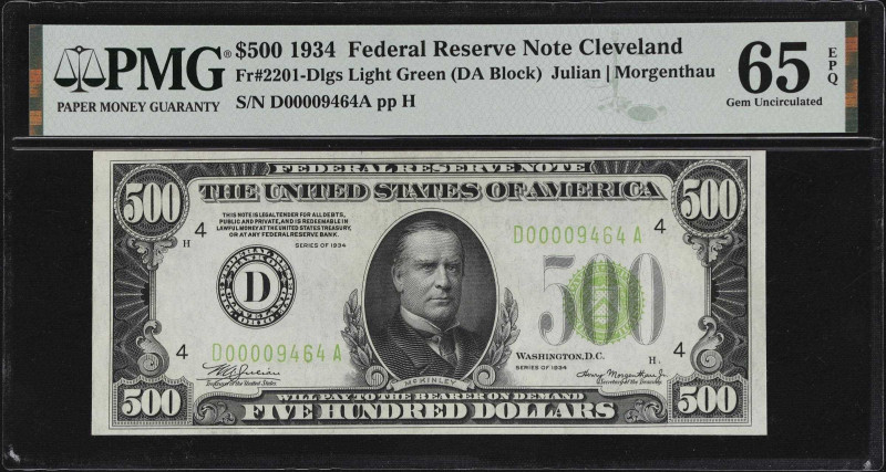 Fr. 2201-Dlgs. 1934 $500 Federal Reserve Note. Cleveland. PMG Gem Uncirculated 6...