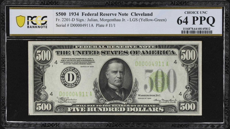 Fr. 2201-D. 1934 Light Green Seal $500 Federal Reserve Note. Cleveland. PCGS Ban...