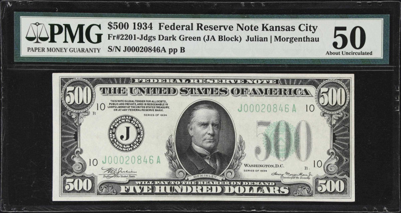 Fr. 2201-Jdgs. 1934 Dark Green Seal $500 Federal Reserve Note. Kansas City. PMG ...