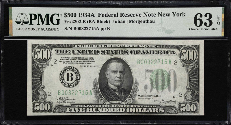 Fr. 2202-B. 1934A $500 Federal Reserve Note. New York. PMG Choice Uncirculated 6...