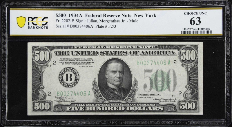 Fr. 2202-B. 1934A $500 Federal Reserve Note. New York. PCGS Banknote Choice Unci...