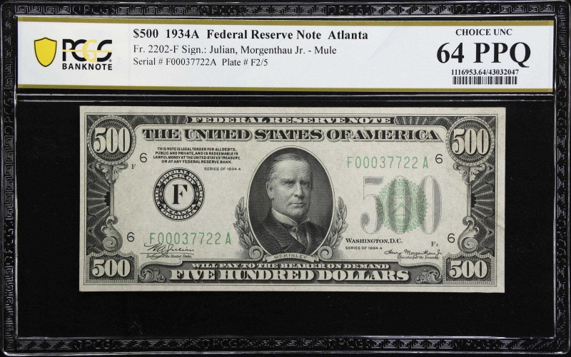 Fr. 2202-F. 1934-A $500 Federal Reserve Note. Atlanta. PCGS Banknote Choice Unci...