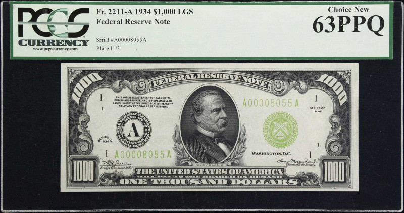 Fr. 2211-A. 1934 $1000 Federal Reserve Note. Boston. PCGS Currency Choice New 63...