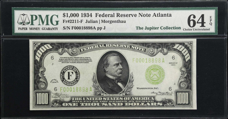 Fr. 2211-F. 1934 $1000 Federal Reserve Note. Atlanta. PMG Choice Uncirculated 64...