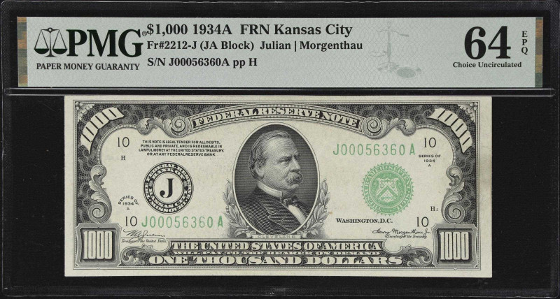 Fr. 2212-J. 1934-A $1000 Federal Reserve Note. Kansas City. PMG Choice Uncircula...