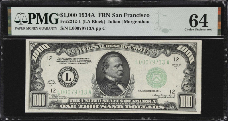 Fr. 2212-L. 1934 $1000 Federal Reserve Note. San Francisco. PMG Choice Uncircula...