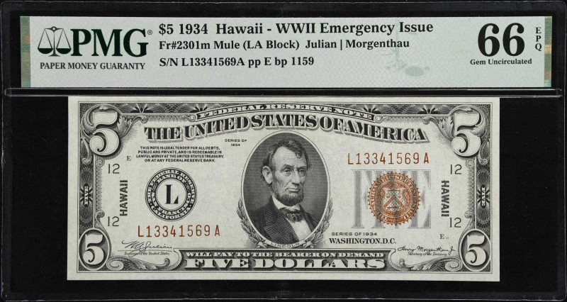 Fr. 2301m. 1934 $5 Hawaii Emergency Note. PMG Gem Uncirculated 66 EPQ.

An imp...