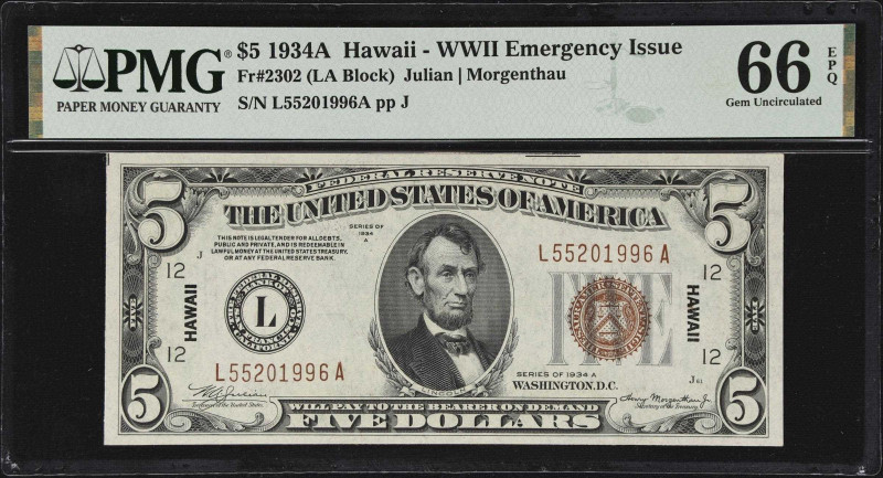 Fr. 2302. 1934A $5 Hawaii Emergency Note. PMG Gem Uncirculated 66 EPQ.

A brig...