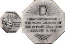 1947 500th Meeting of the Detroit Coin Club Henry Ford Memorial Medal. Sterling Silver. Choice Mint State.

38 mm, octagonal. 25.72 grams, .925 fine...