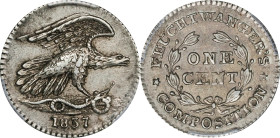 NEW YORK. New York. 1837 Feuchtwanger Cent. HT-268, Low-120, W-NY-480 Dies 5-H. Rarity-3. German Silver. Reeded Edge. AU-53 (PCGS).

18.5 mm.

Est...