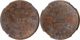 NEW YORK. New York. 1837 Smith's Clock Establishment. HT-314, Low-135, W-NY-940-20a. Rarity-2. Copper. Plain Edge. MS-63 BN (NGC).

28.5 mm.

From...
